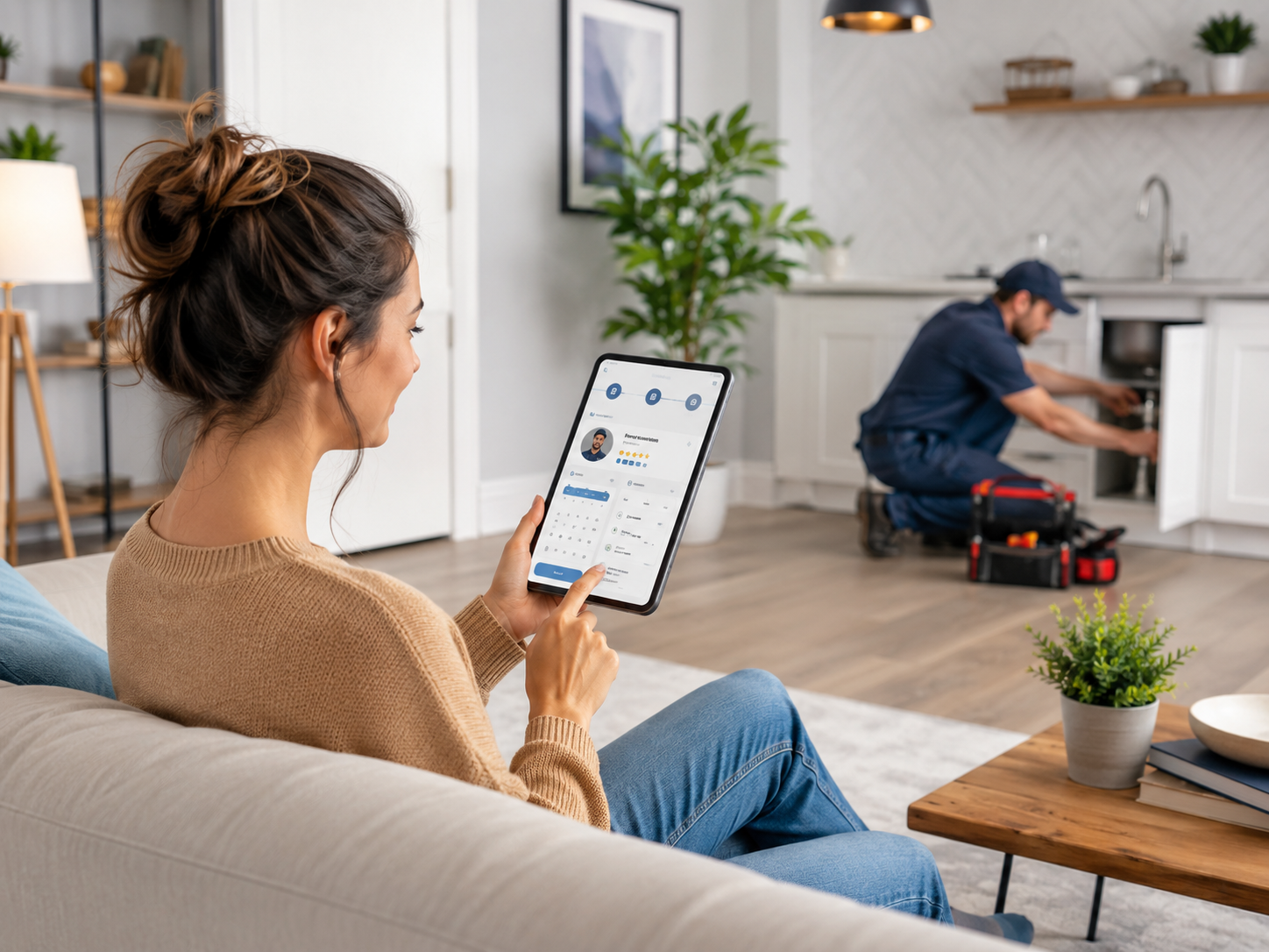 Homeowner booking a repair professional on a tablet while work is underway