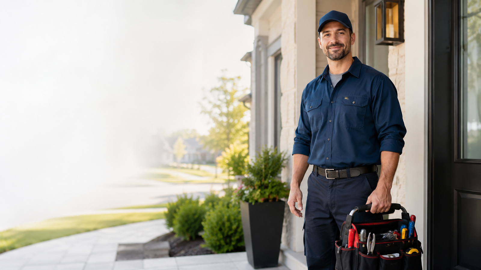 Professional repairman standing at a modern front door with tools