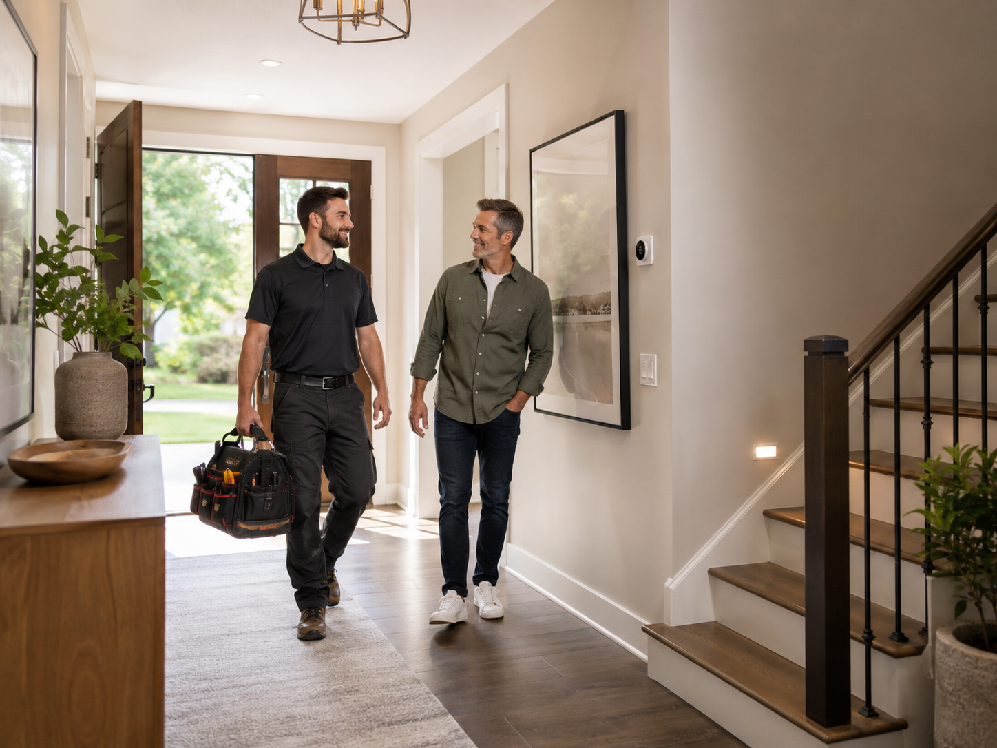 Friendly repair professional visiting a homeowner in an entryway